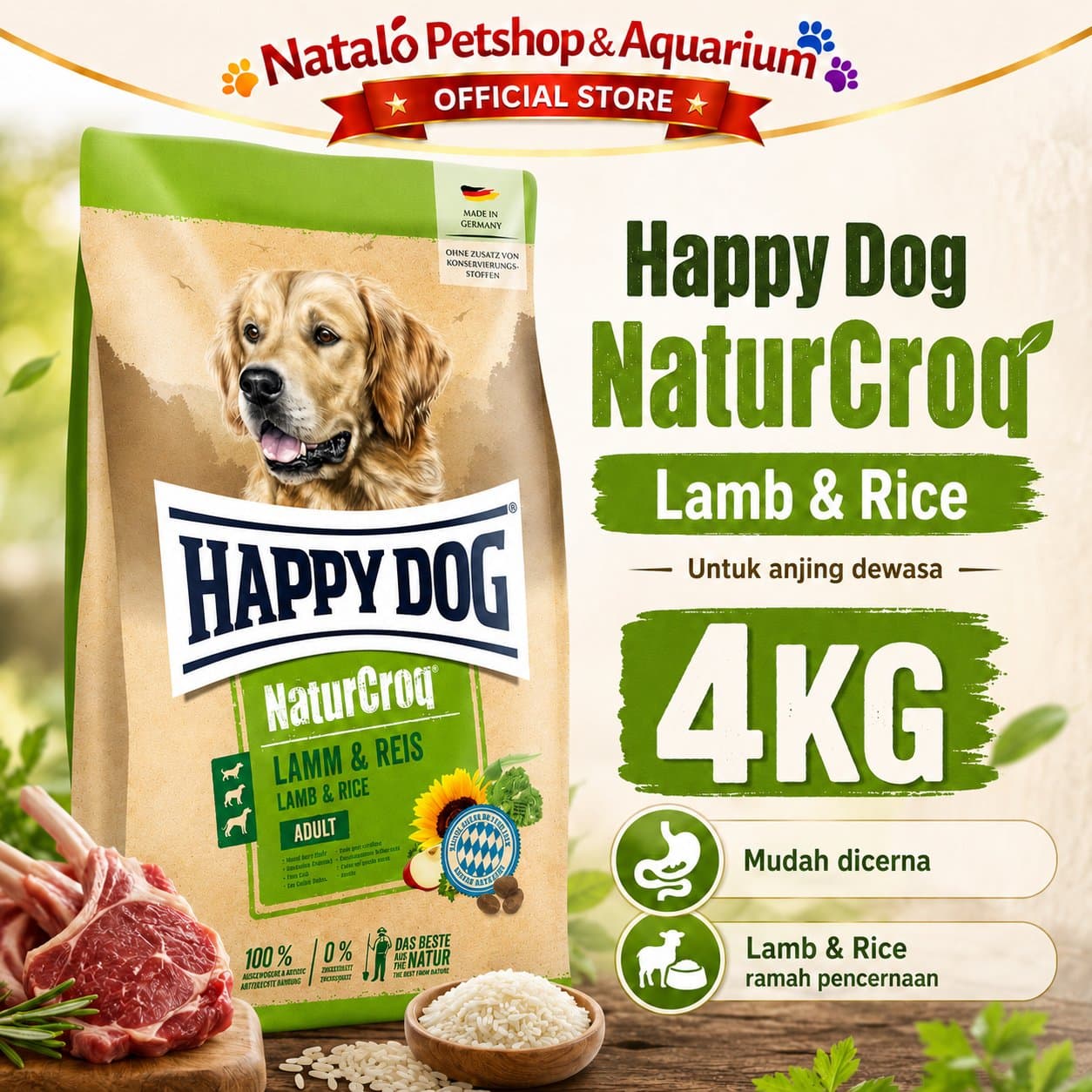 Happy Dog NaturCroq Lamb & Rice 4KG Adult Dog Food - Makanan Anjing Dewasa Ras Besar Rasa Domba Premium 4 KG - gambar 1