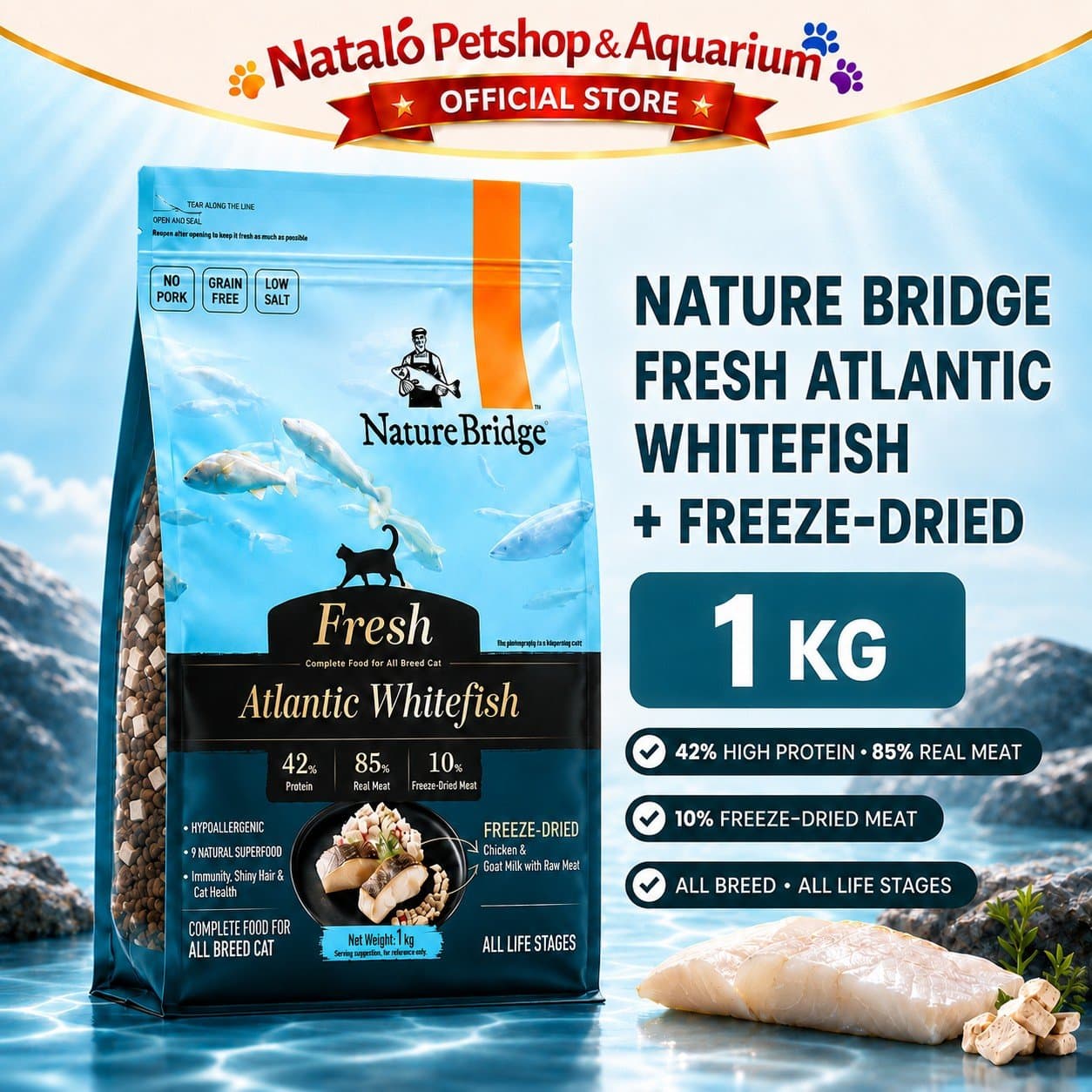 Nature Bridge Fresh Atlantic Whitefish with Freeze Dried 1KG All Life Stages Cat Food  No Pork - Makanan Kucing Semua Umur Super Premium 1 KG Bebas Babi - gambar 1
