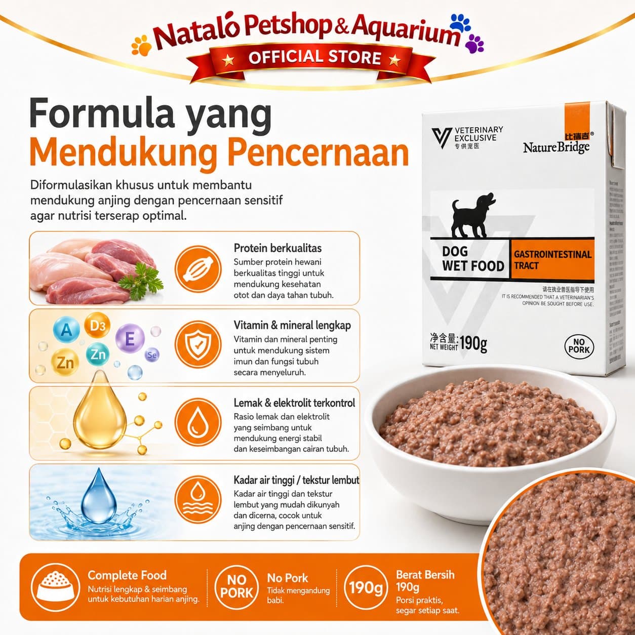 Nature Bridge Gastrointestinal Tract Complete Dog Wet Food 190GR Intestinal - Makanan Basah Anjing untuk Infeksi Saluran Pencernaan  / Diare 190 GR - gambar 4