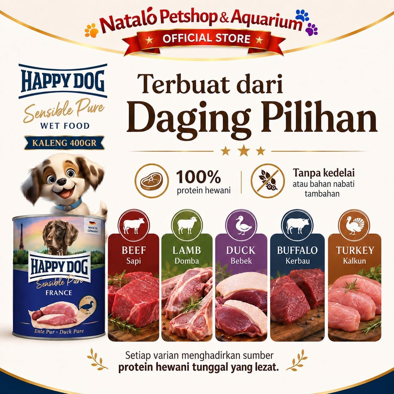 Happy Dog Sensible Pure Canned Adult Dog Wet Food 400GR - Makanan Basah Anjing Dewasa 400 GR - Germany / Neuseeland / Texas / France / Italy - Beef / Lamb / Turkey / Duck / Buffalo - gambar 3