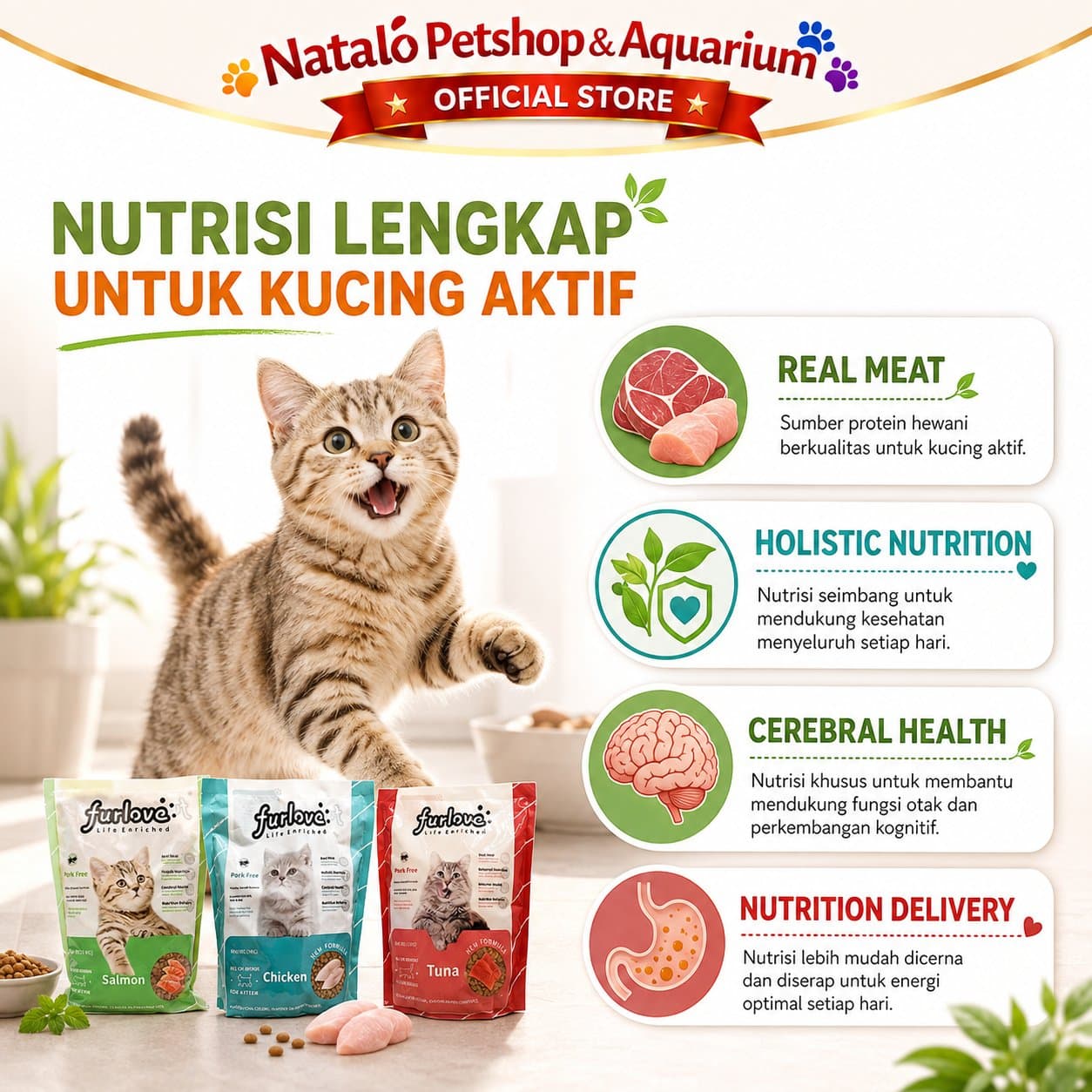 Furlove Kitten & Adult Dry Cat Food 1KG All Life Stages - Makanan Anak dan Kucing Dewasa / Semua Umur 1 KG - Tuna Salmon Chicken - gambar 2