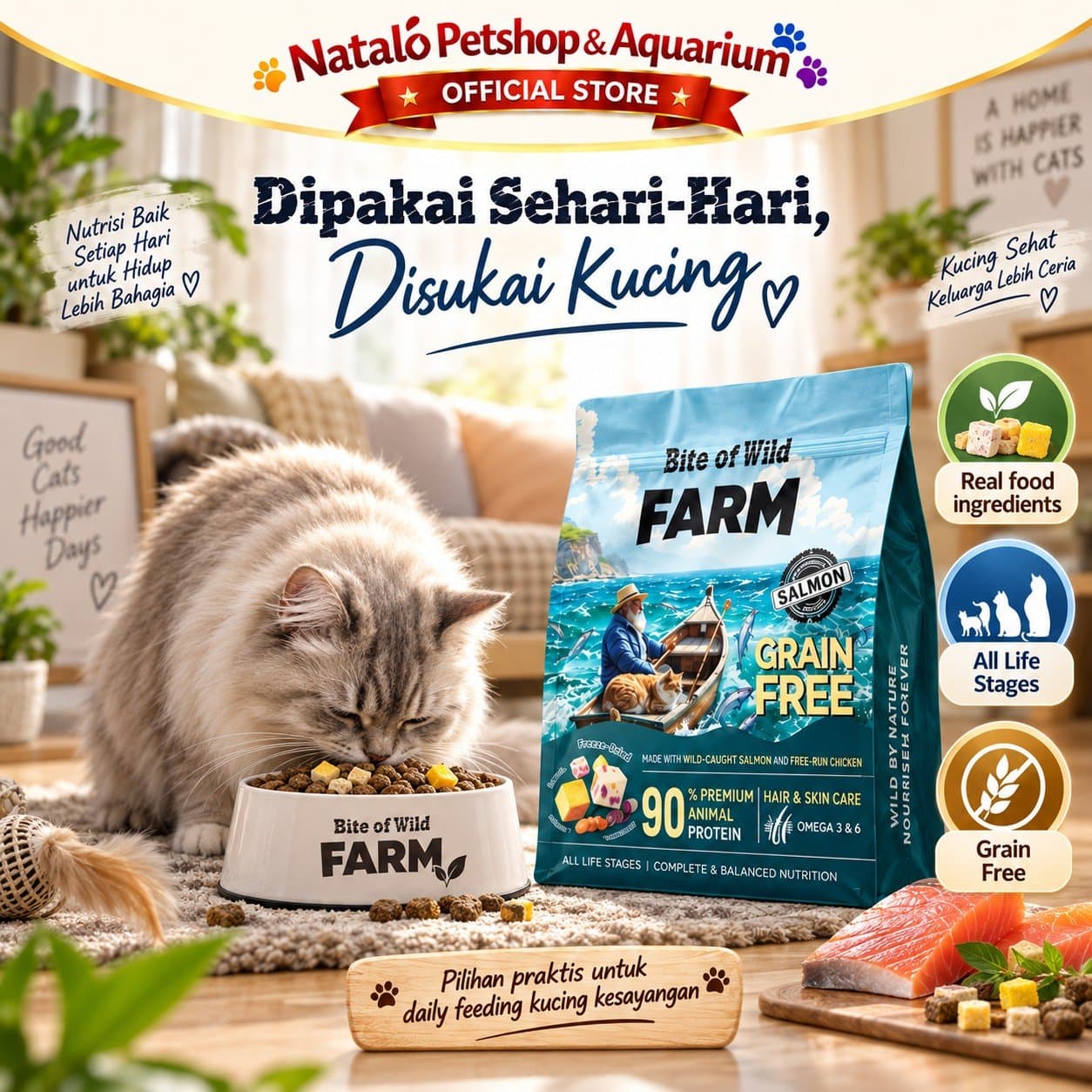 Bite of Wild Farm Tuna / Salmon Grain Free 90% Animal Protein 1KG All Life Stages Dry Cat Food - Makanan Kucing Semua Tahap Umur / Usia Tinggi Protein 1 KG - gambar 5