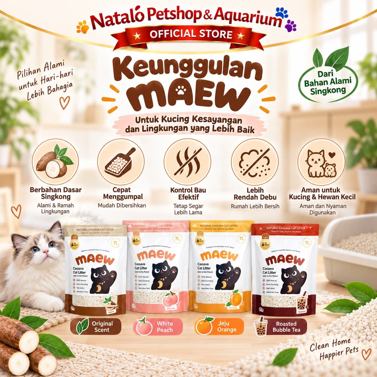 MAEW Cassava Clump Cat Litter 7LT - Pasir Kucing dari Singkong Murni Daya Serap Air Kuat - Bebas Debu 7 LT Casava Kasava Ubi Gumpal Serap Tinggi - gambar 2
