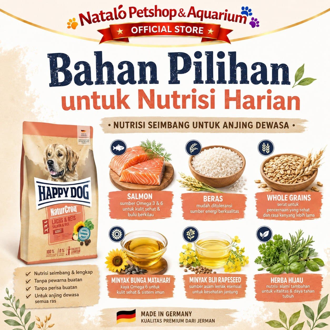 Happy Dog NaturCroq Salmon & Rice 11KG Medium Large Breed Adult Dog Food - Makanan Anjing Dewasa Ras Besar Premium 11 KG - gambar 4
