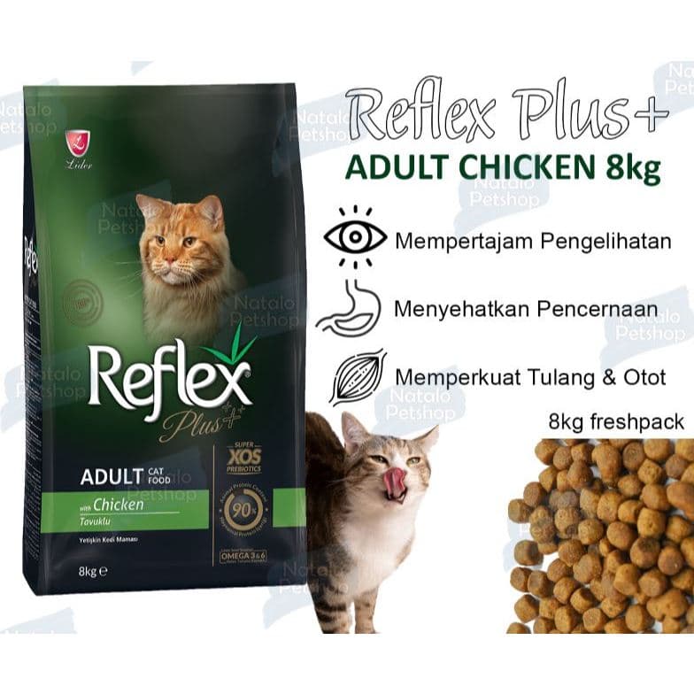 Reflex Plus Adult Cat Chicken 8KG - Makanan Kucing Kering Dewasa / Super Premium Cat Food / Pelet rasa Ayam / Imun Sehat / Baik untuk Pencernaan - gambar 1