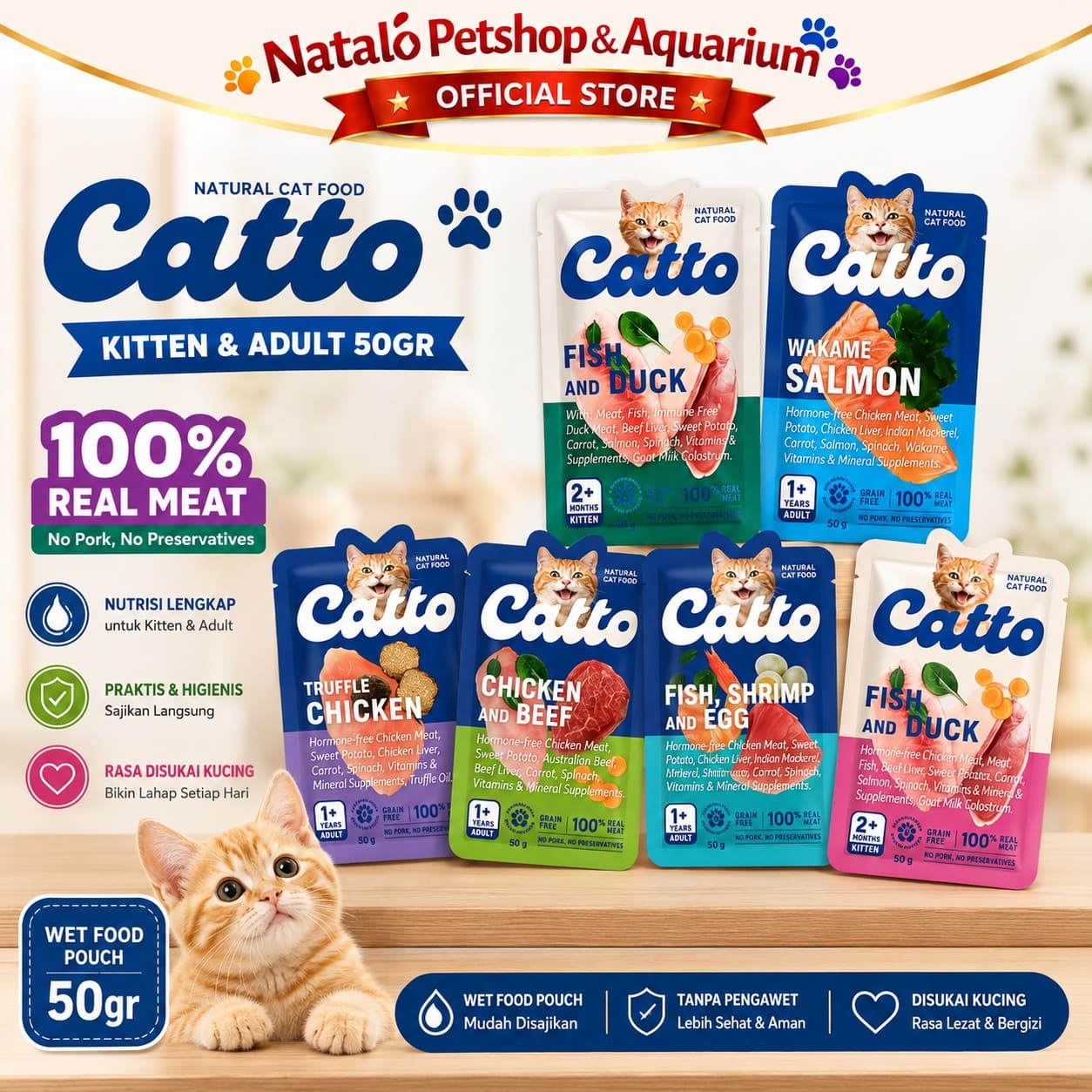 Catto Natural Wet Kitten and Adult Pouch Cat Food 50GR - Makanan Basah Saset Anak dan Kucing Dewasa 50 GR - gambar 1