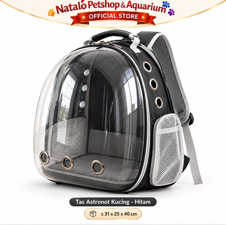 Tas Astronot Hitam untuk Hewan Peliharaan 31x25x40cm Backpack Carrier Transparan Breathable Pet Cargo Traveling - gambar 6