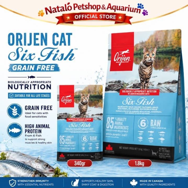Orijen Cat Six Fish GRAIN FREE Super Premium Cat Food 340gr / 1.8KG Makanan Kucing Kering rasa Ikan Healthy Skin Coat Bulu Lebat Digestive Heart Health Kesehatan Kulit Pencernaan Jantung Salmon - gambar 1