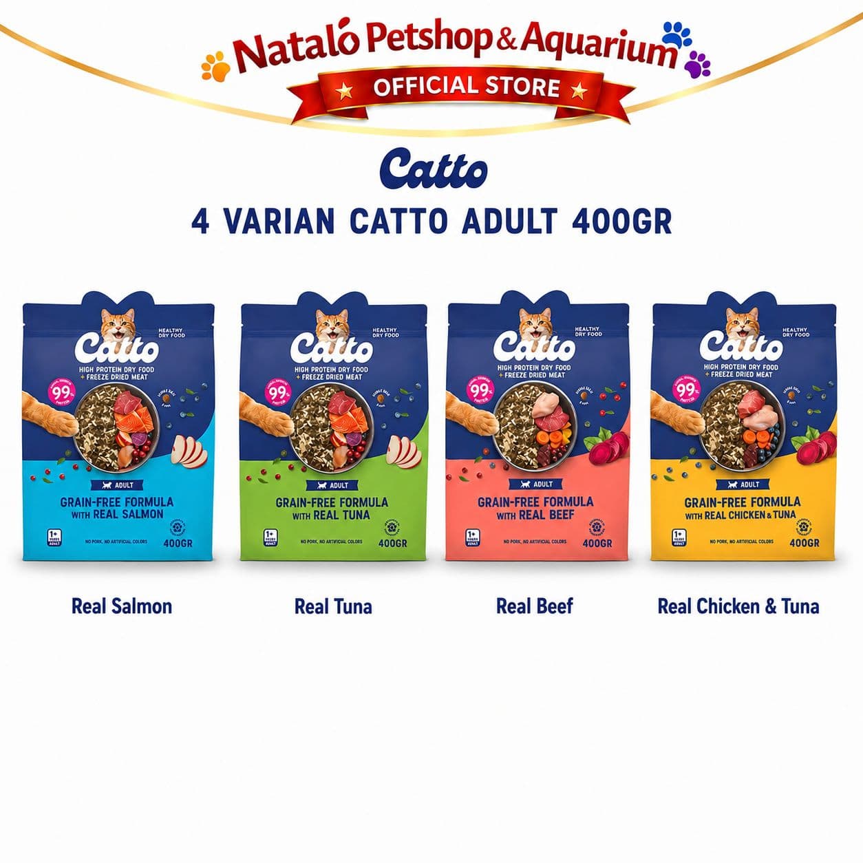 Catto High Protein Dry Adult Cat Food + Freeze Dried Meat Grain Free Formula 400GR - Makanan Kering Kucing Dewasa Premium 400GR - gambar 8