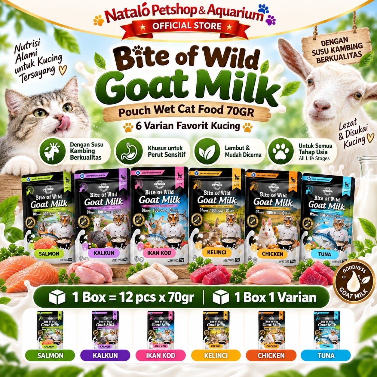 Bite of Wild Goat Milk Pouch Wet Cat Food 1BOX (12pcs x 70gr) All Life Stages  - Makanan Basah Saset Kucing  Semua Tahap Umur / Usia - gambar 1
