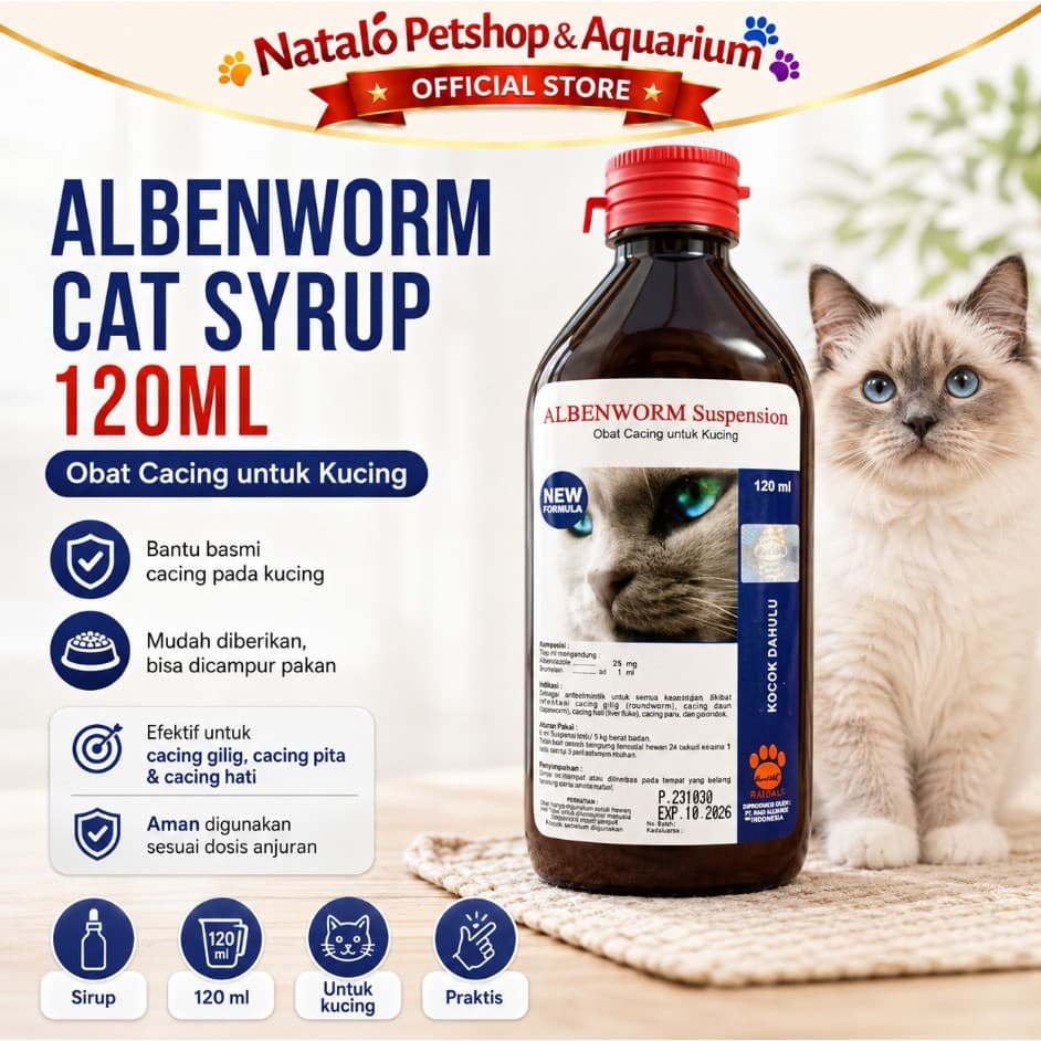 Albenworm Cat Syrup 120ML - Obat Cacing Kucing Cair Sirup Suspension 120 ML Dijamin Ampuh by Raid All Dewormer - gambar 1