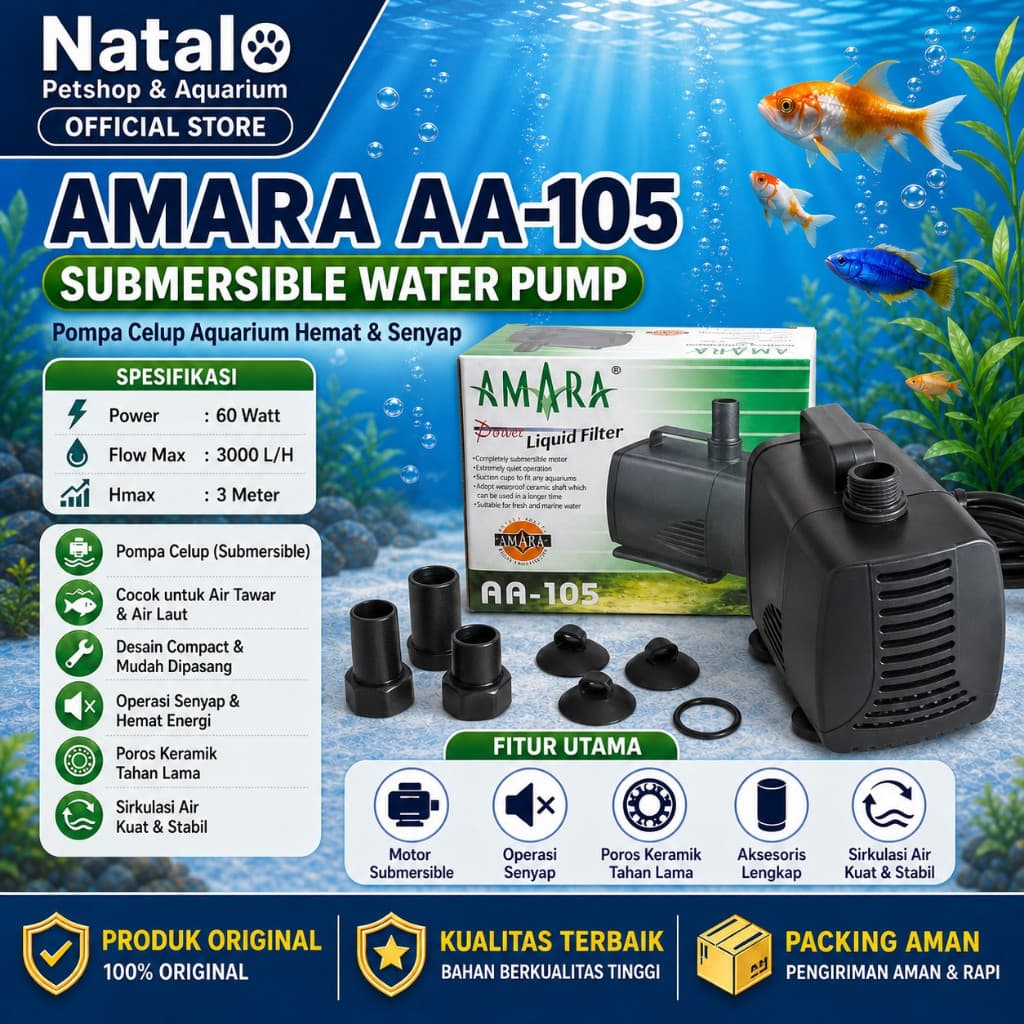 AMARA AA-105 Submersible Water Pump - Mesin Pompa Filter Aquarium Kolam Hidroponik AA 105 - gambar 1
