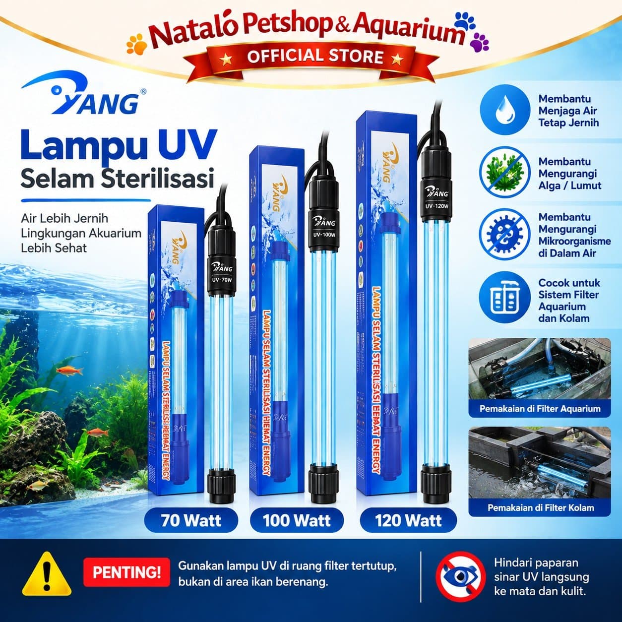 YANG Lampu UV Sterilizer Celup Kolam Koi Aquarium 70 Watt 100 Watt 120 Watt UV Light Ultraviolet Sterilisasi Air Anti Alga Air Hijau Untuk Filter Kolam Ikan - gambar 2