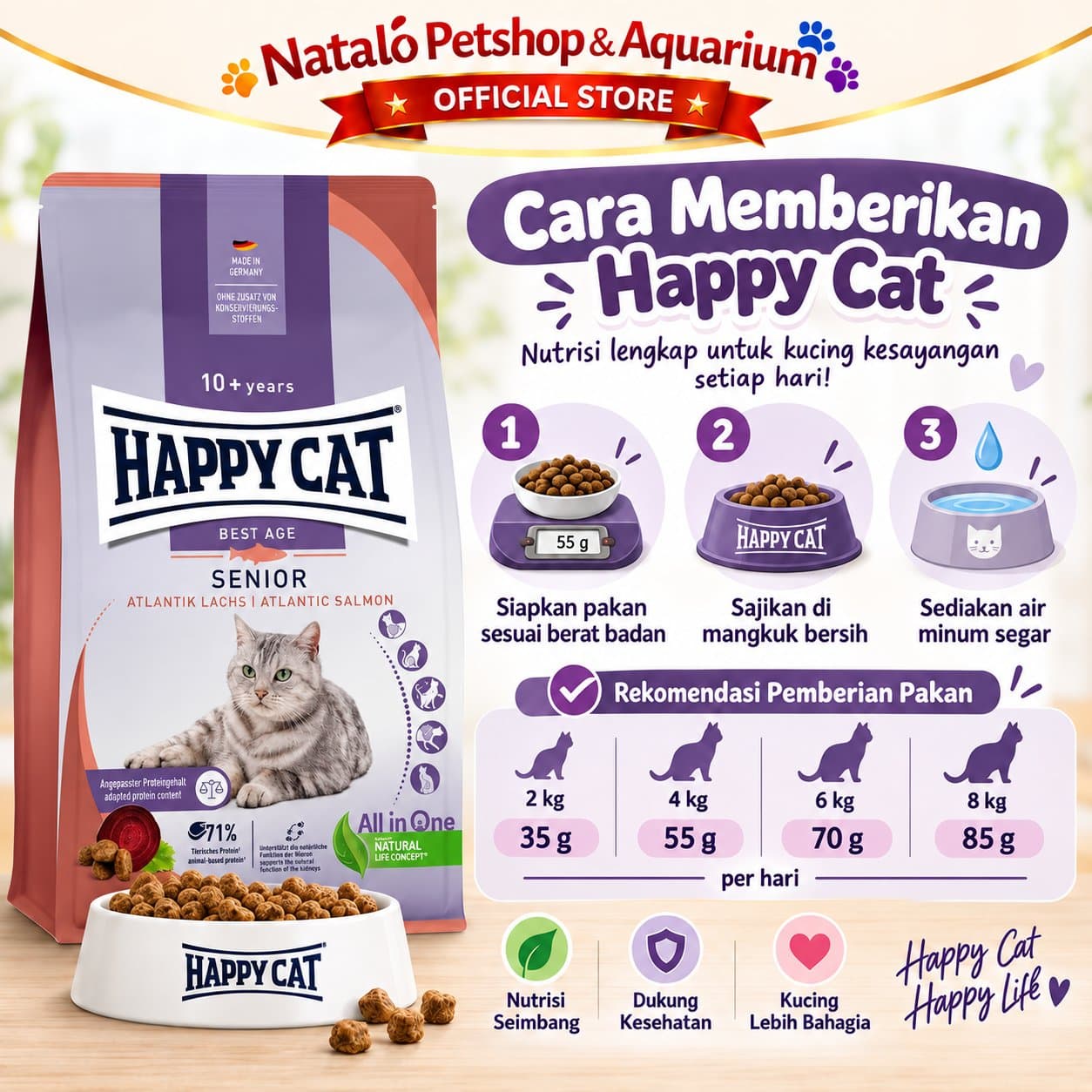 Happy Cat Best Age Senior 10+ Years Atlantic Salmon 1.3KG - Supreme Premium Dry Food 1.3 KG - Makanan Kering Kucing Tua Lansia Berumur Dewasa - gambar 3