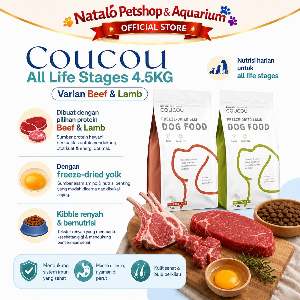 COUCOU Freeze Dried Raw Dog Food Lamb / Beef 4.5KG All Life Stages - Makanan Anjing Kering Cou Cou Rasa Domba / Sapi Semua Umur 4.5 KG - gambar 4