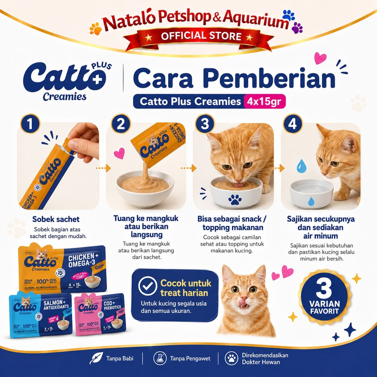 Catto Plus Creamies Chicken + Omega 3 / Salmon + Antioxidant / Cod + Prebiotics 4x15gr -Snack Camilan Kucing Premium - gambar 3