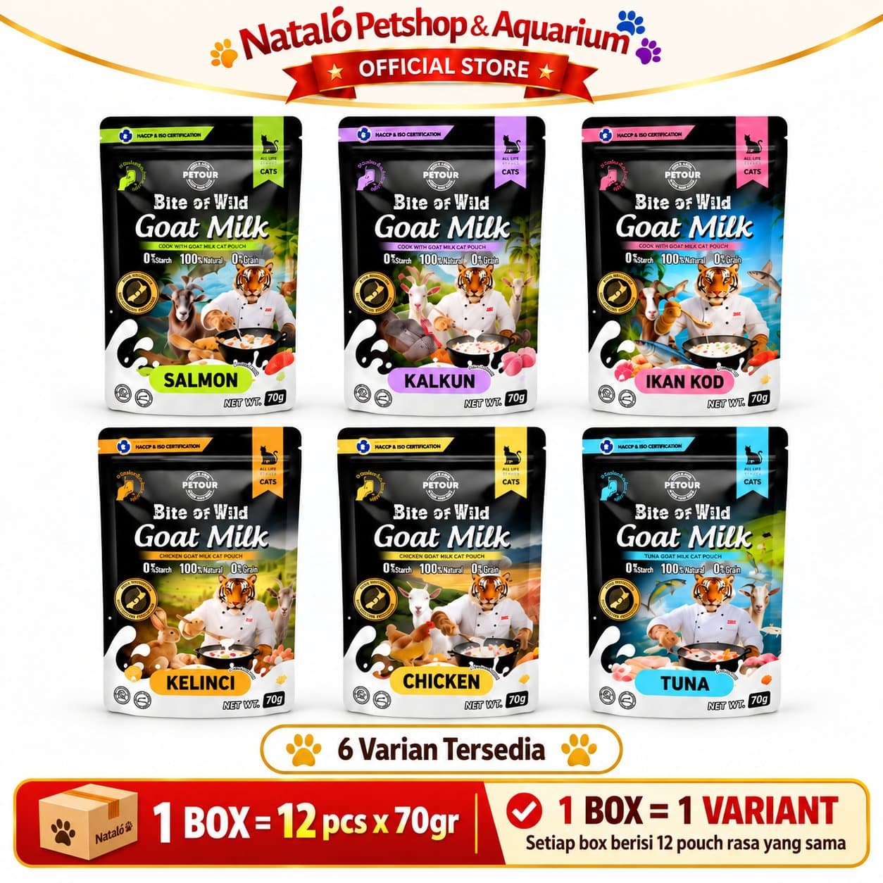 Bite of Wild Goat Milk Pouch Wet Cat Food 1BOX (12pcs x 70gr) All Life Stages  - Makanan Basah Saset Kucing  Semua Tahap Umur / Usia - gambar 6
