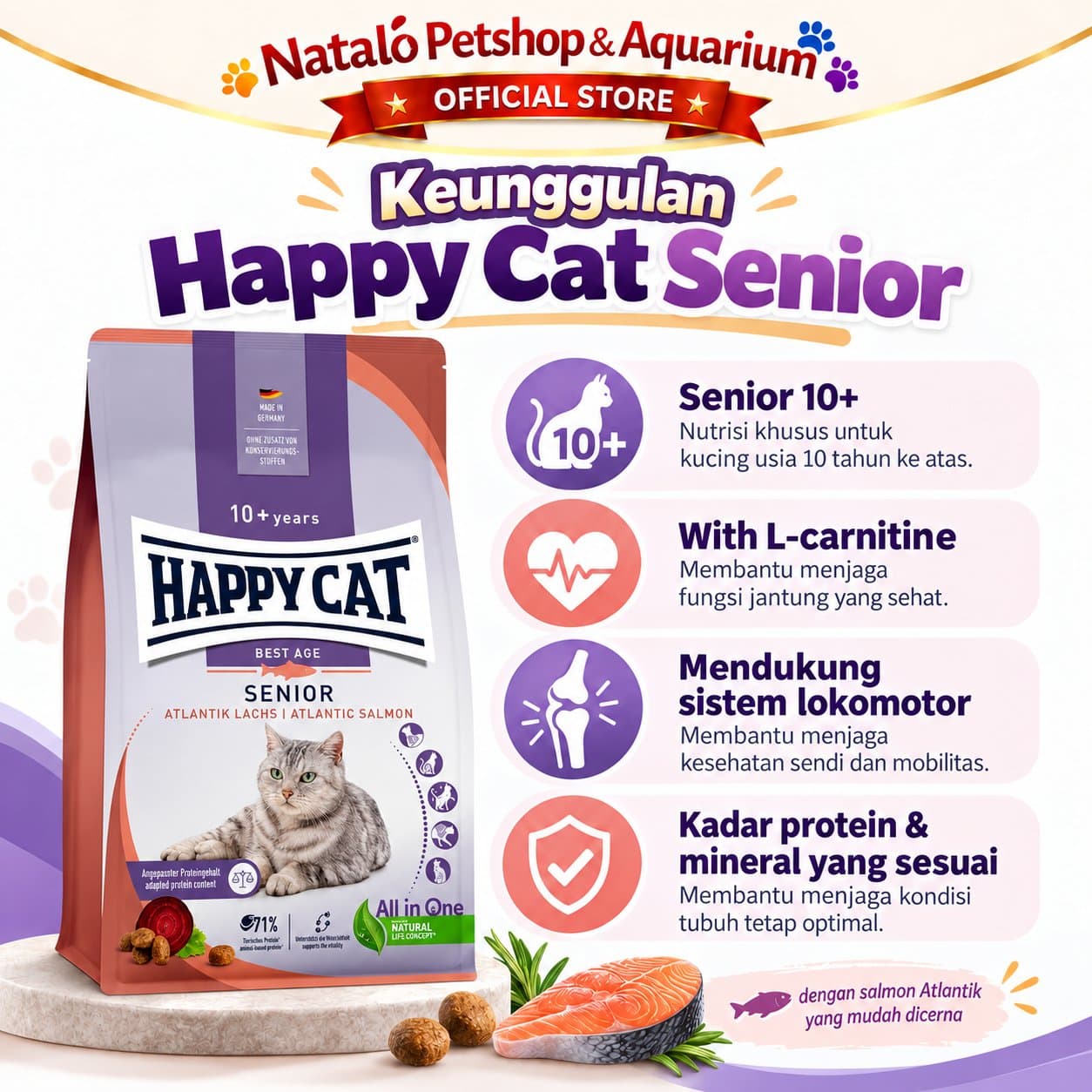 Happy Cat Best Age Senior 10+ Years Atlantic Salmon 1.3KG - Supreme Premium Dry Food 1.3 KG - Makanan Kering Kucing Tua Lansia Berumur Dewasa - gambar 2