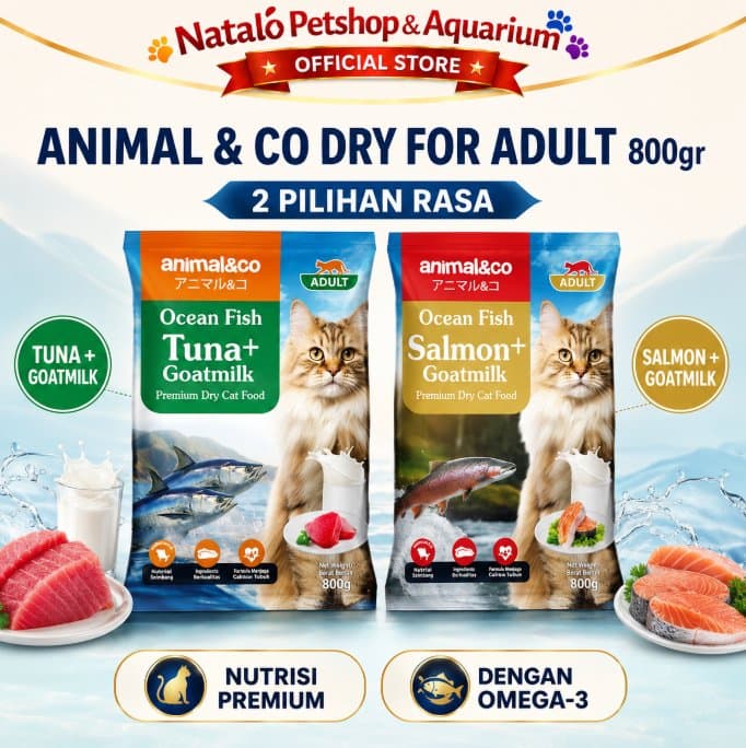 Animal&Co Adult 800GR Tuna / Salmon - Ocean Fish with Goat Milk Premium Dry Cat Food 800 Gr - Makanan Kucing Dewasa Kering Kibble Animal n Co - gambar 1