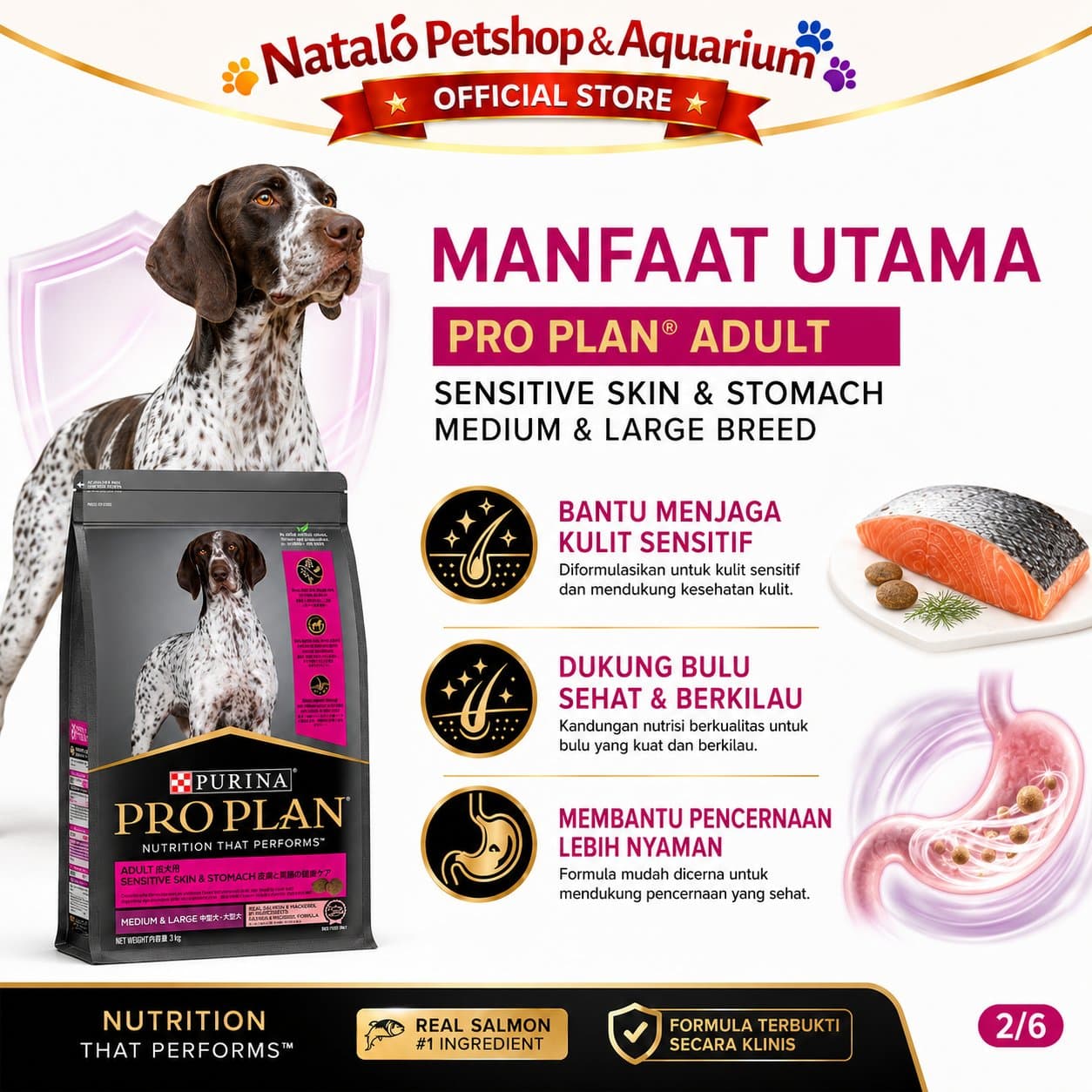 PRO PLAN Sensitive Skin Stomach 3KG Medium & Large Breed Adult Dog Food / Salmon & Mackerel Formula - Makanan Anjing Dewasa PROPLAN Ras Sedang Besar untuk Kulit dan Pencernaan 3 KG - gambar 2