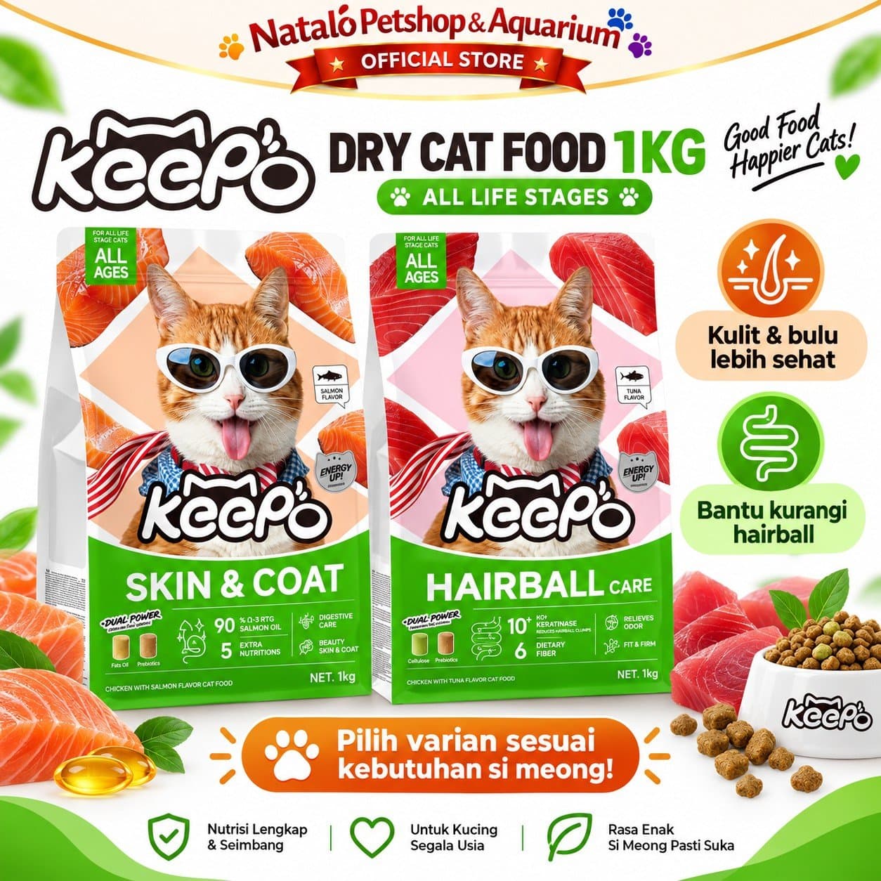 Keepo K1 Skin & Coat / K2 Hairball Care 1KG All Life Stages Dry Cat Food - Makanan Kucing Semua Tahap Usia / Umur untuk Kesehatan Bulu dan Kulit / Pencernaan 1 KG - gambar 1