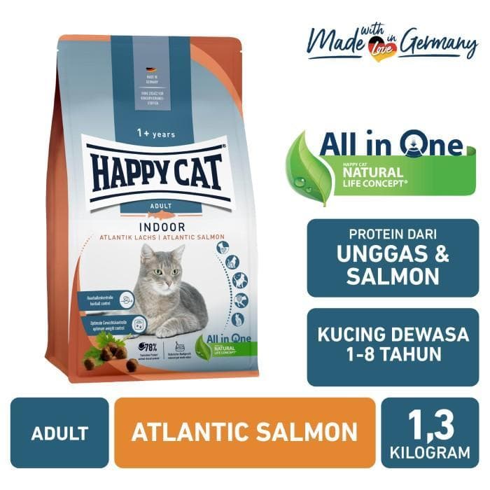 Happy Cat Adult Indoor Atlantic Salmon 1.3 KG - Makanan Kucing Dewasa dalam Rumah untuk Mengurangi Bau Kotoran 1.3KG - gambar 1