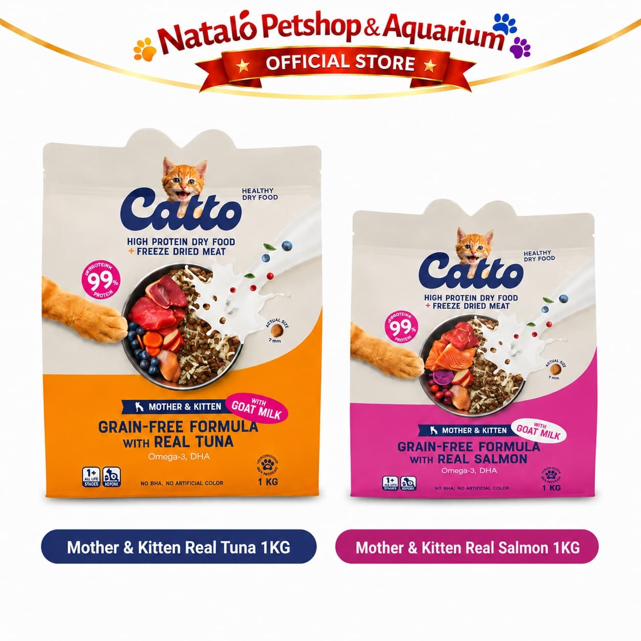 Catto High Protein Dry Mother & Kitten Cat Food + Freeze Dried Meat Grain Free Formula 1KG - Makanan Kering Anak dan Ibu Kucing Premium 1 KG - gambar 4