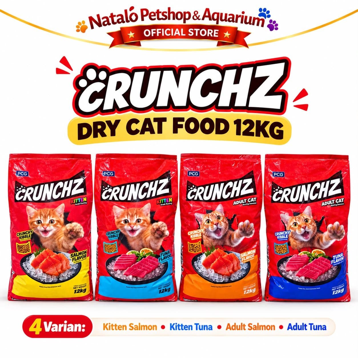 CRUNCHZ 12KG Dry Adult & Kitten Cat Food 500GR x 24 Pcs Makananan Kucing Kering Dewasa Anak Murah 12 KG Salmon Tuna 500 GR Crunch Kibble Pelet Pakan Grosir Stray - gambar 6
