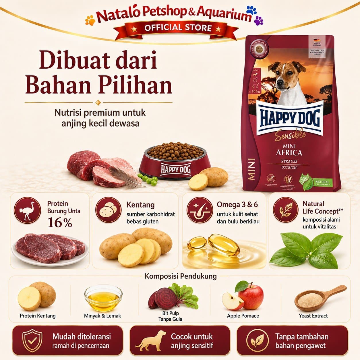 Happy Dog Sensible Mini Africa Small Breed Adult Dog Food Grain Free / Single Protein Ostrich 4KG - Makanan Anjing Dewasa Ras Kecil Super Premium 4 KG - gambar 4