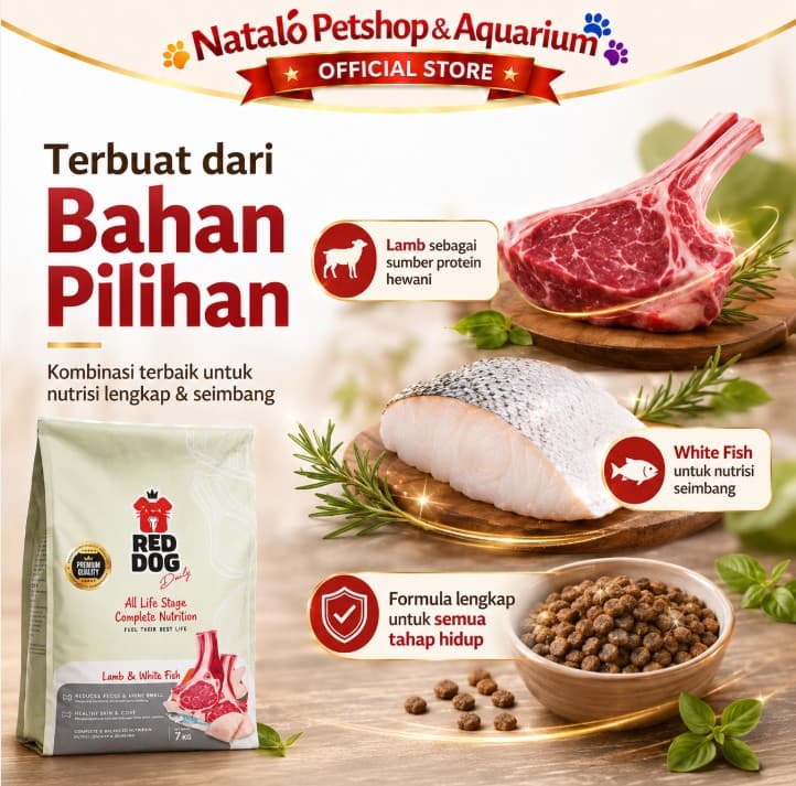 Red Dog 7KG Lamb & White Fish All Life Stages Complete Nutrition Dry Food Reddog 7 KG All Life Stages and Breed Small Medium Large Puppy Adult Segala Usia dan Ras - gambar 4