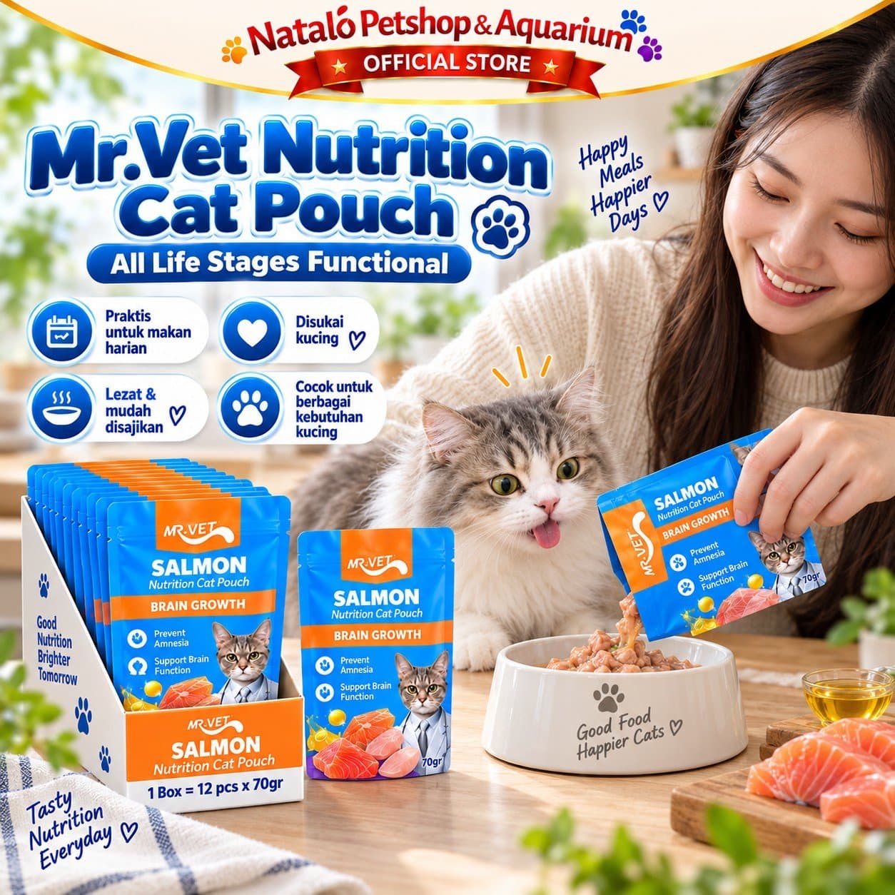 Mr. Vet Nutrition Cat Pouch All Life Stages Functional 1box (12pcs x 70gr) - Makanan Basah Saset Kucing Mr.Vet Semua Tahap Usia Fungsional Kesehatan - gambar 5