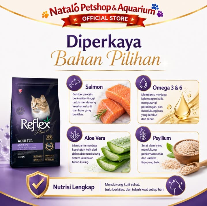 Reflex Plus Adult Cat Hair & Skin Coat Care 1.5KG - Makanan Super Premium Kucing untuk Kulit dan Bulu Lebat - gambar 4