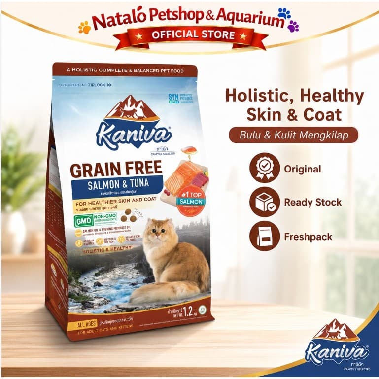 Kaniva Grain Free Salmon and Tuna 1.2KG Dry Cat Food - Holistic Healthy Skin & Coat - Premium Makanan Kucing Kering - Segala Usia Anak Dewasa Adult Kitten 1.2 KG - gambar 1