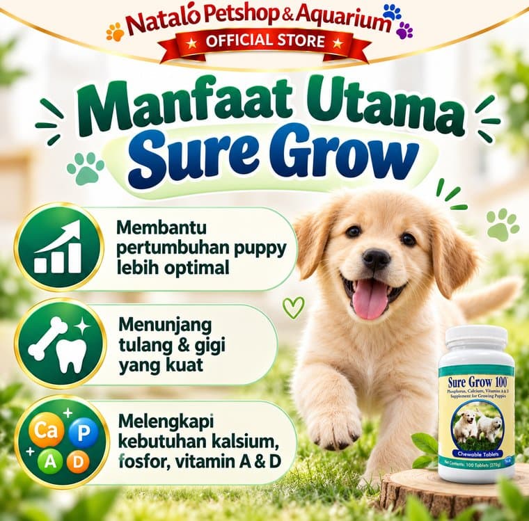 Sure Grow 100 Tablet Vitamin Anjing Puppy Calcium Kalsium Fosfor Vitamin A D Suplemen Pertumbuhan Tulang & Gigi - gambar 2