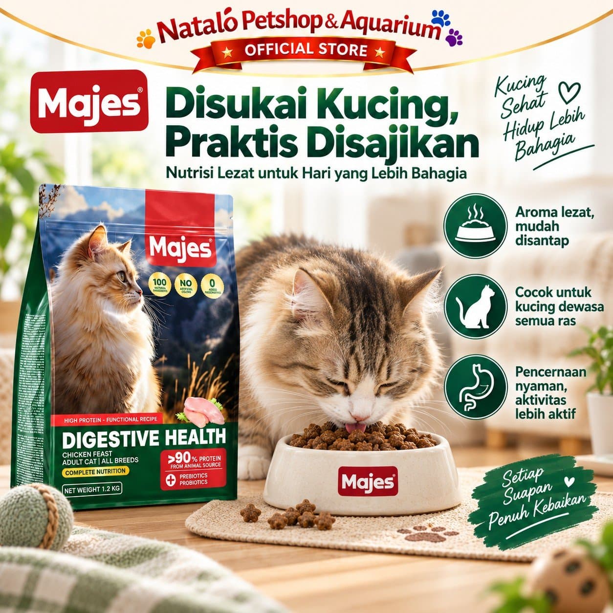MAJES High Protein Digestive Health Chicken Feast Adult Dry Cat Food 400GR / 1.2KG - Makanan Kucing Dewasa untuk Kesehatan Pencernaan 400 GR / 1.2 KG - gambar 5