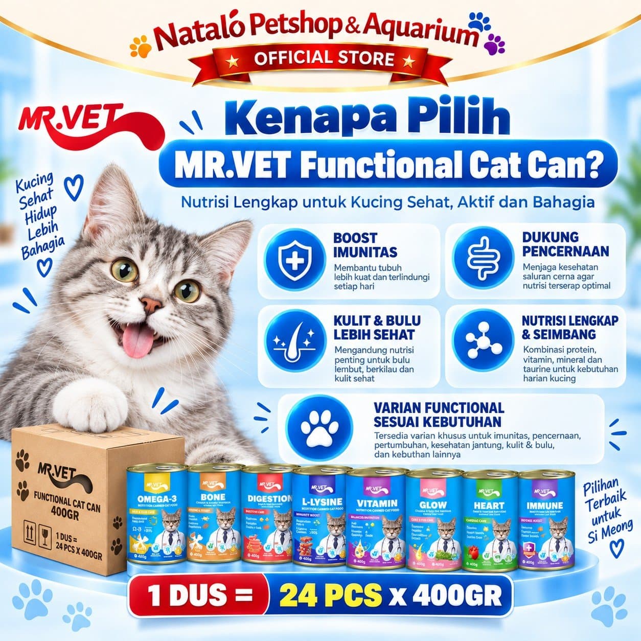 Mr. Vet Cat Can All Life Stages Functional Wet Food 1 DUS (24pcs x 400gr) - Makanan Basah Kaleng Kucing Mr.Vet Semua Tahap Usia Fungsional Kesehatan - gambar 2