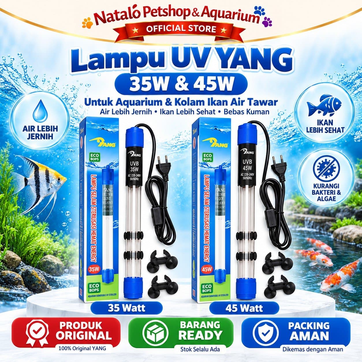YANG Lampu UV Celup Sterilizer Aquarium Kolam Koi 35 Watt 45 Watt Anti Alga Air Hijau