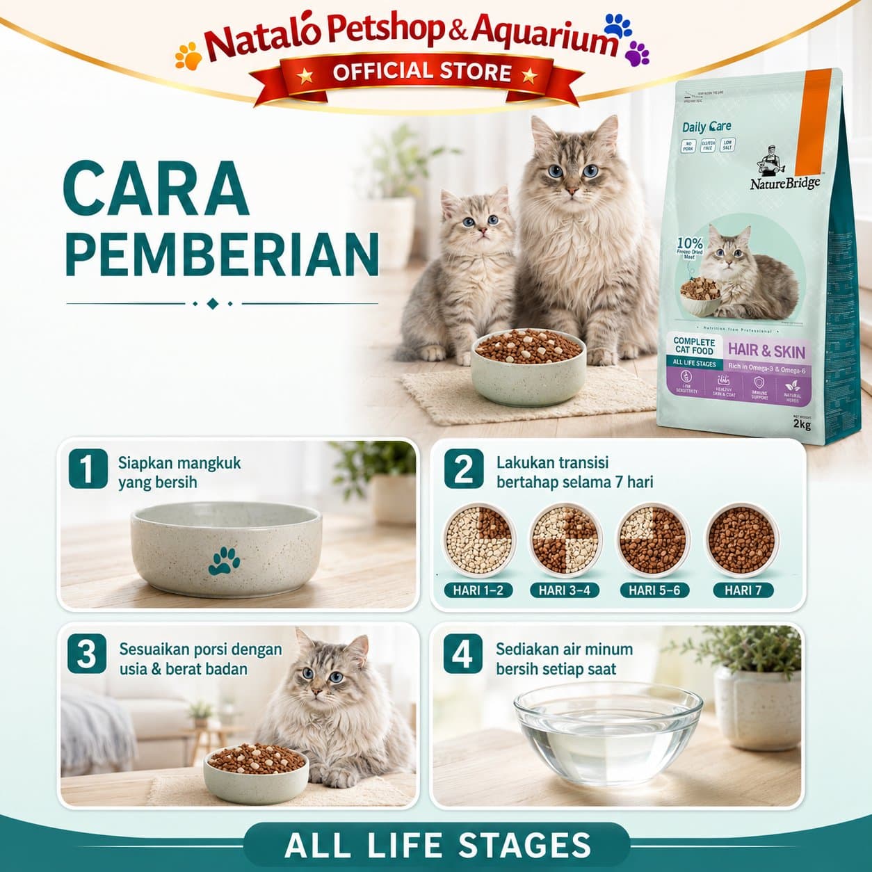 Nature Bridge Hair & Skin 2KG Daily Care - Makanan Kering Kucing Dry Cat Food Super Premium Fresh Pack 2 KG NB - gambar 3