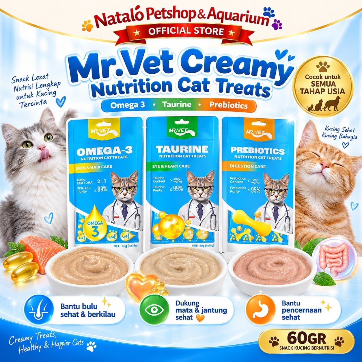 Mr. Vet Nutrition Cat Treats All Life Stages Functional Creamy Snack 60GR - Camilan Kucing Mr.Vet Semua Tahap Usia Fungsional - Omega 3, Prebiotik, dan Taurin 1pack (4x15gr)