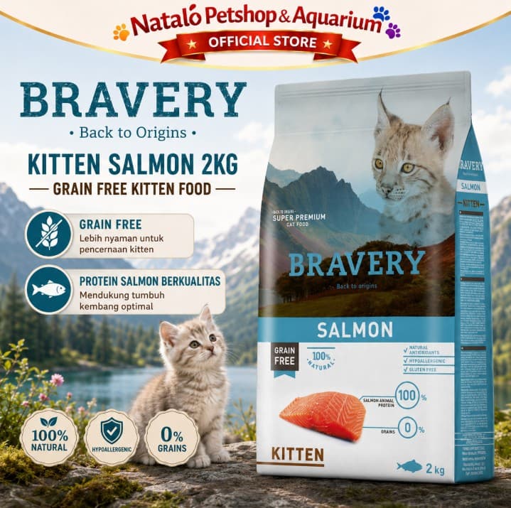Bravery Kitten Salmon 2KG Grain & Gluten Free Super Premium Dry Cat Food Makanan Kering Anak Kucing 2 KG rasa Ikan Salmon Hypoallergenic - gambar 1