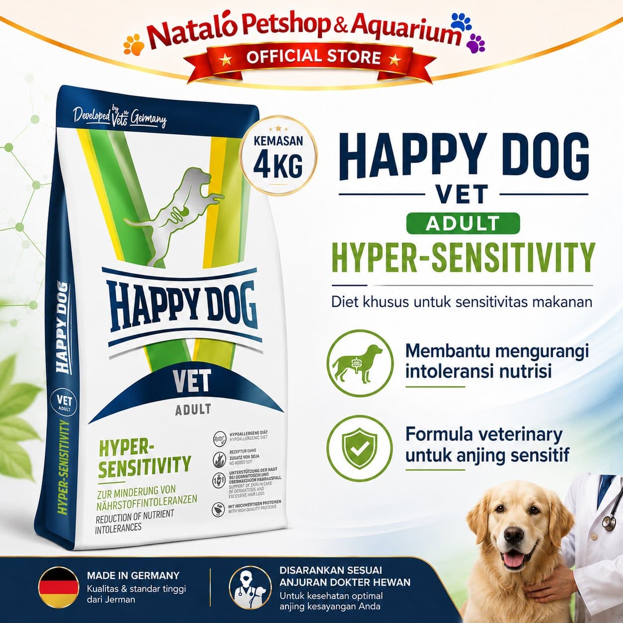 Happy Dog Vet Hyper-Sensitivity Hypersensitivity 4 KG - Makanan Anjing Dewasa untuk Kulit Sensitif / Alergi 4KG - gambar 1