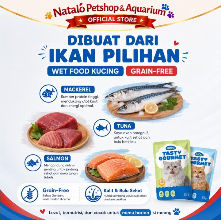 Woo Tasty Gourmet Cat Pouch 80GR Makanan Basah Kucing Rasa Salmon / Tuna / Mackerel 80 GR Wet Food Saset Sachet Daging Majes - gambar 4