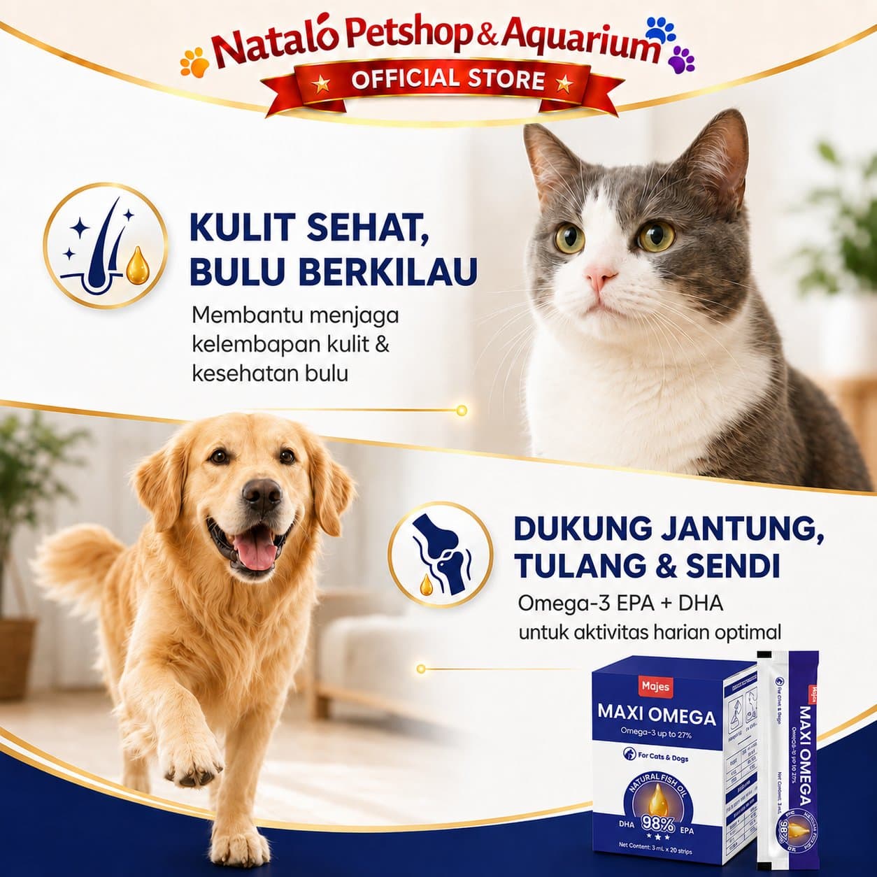 Majes Maxi Omega Oil 1 STRIP/SACHET 3ML Natural Fish Oil Pet Supplements - Minyak Ikan Premium untuk Kucing dan Anjing - gambar 5