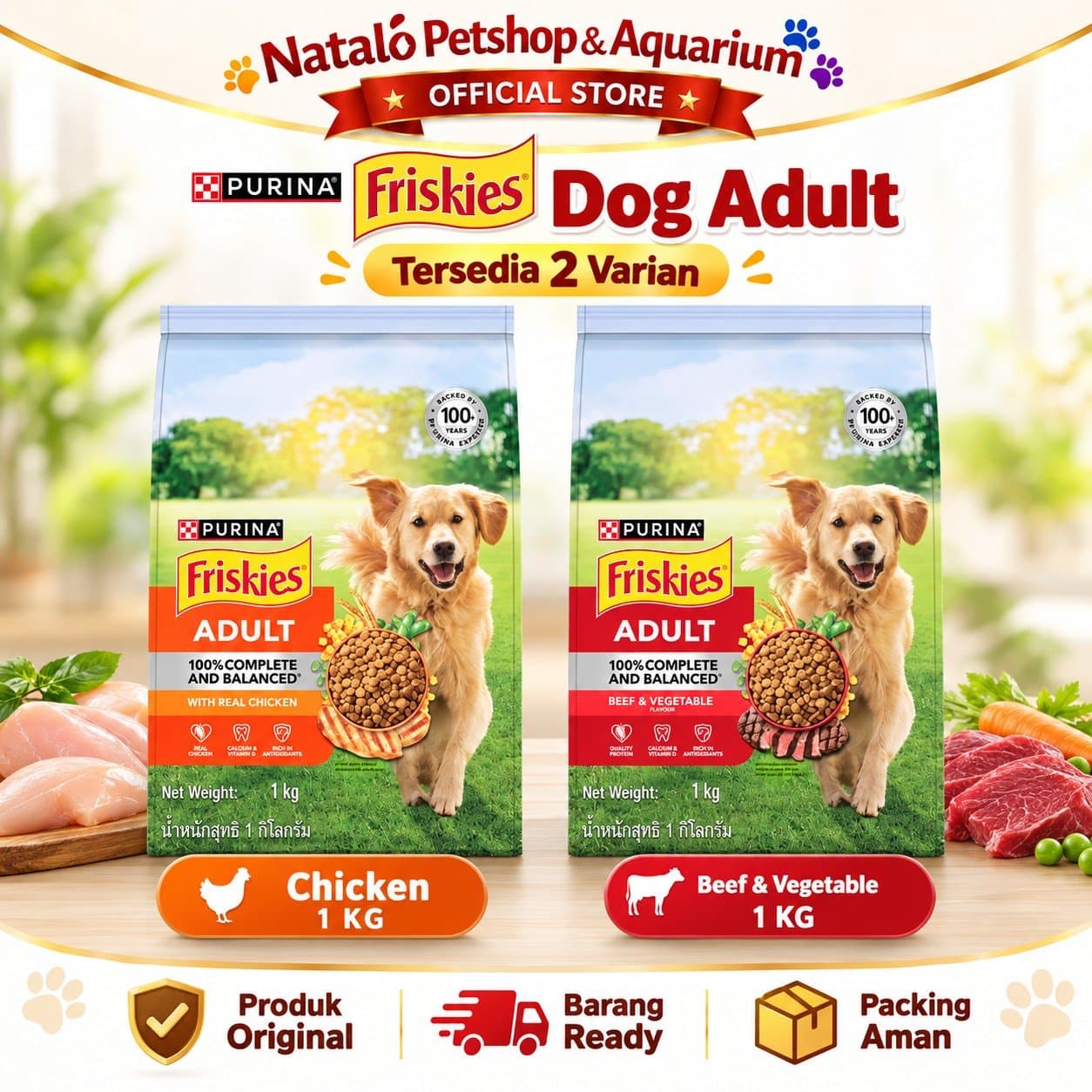Friskies Real Chicken / Beef & Vegetable 1KG Adult Dry Dog Food - Makanan Kering Anjing Dewasa Rasa Sapi / Ayam 1 KG