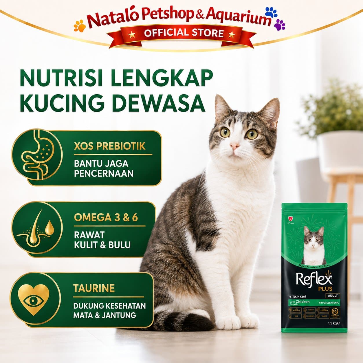 Reflex Plus Adult Cat Chicken 1.5KG - Makanan Kucing Kering Dewasa / Super Premium Cat Food / Pelet rasa Ayam / Imun Sehat / Baik untuk Pencernaan - gambar 2