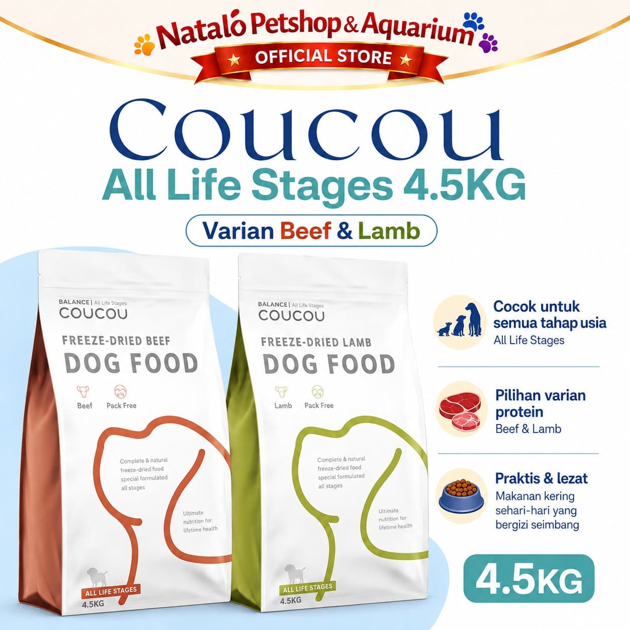 COUCOU Freeze Dried Raw Dog Food Lamb / Beef 4.5KG All Life Stages - Makanan Anjing Kering Cou Cou Rasa Domba / Sapi Semua Umur 4.5 KG