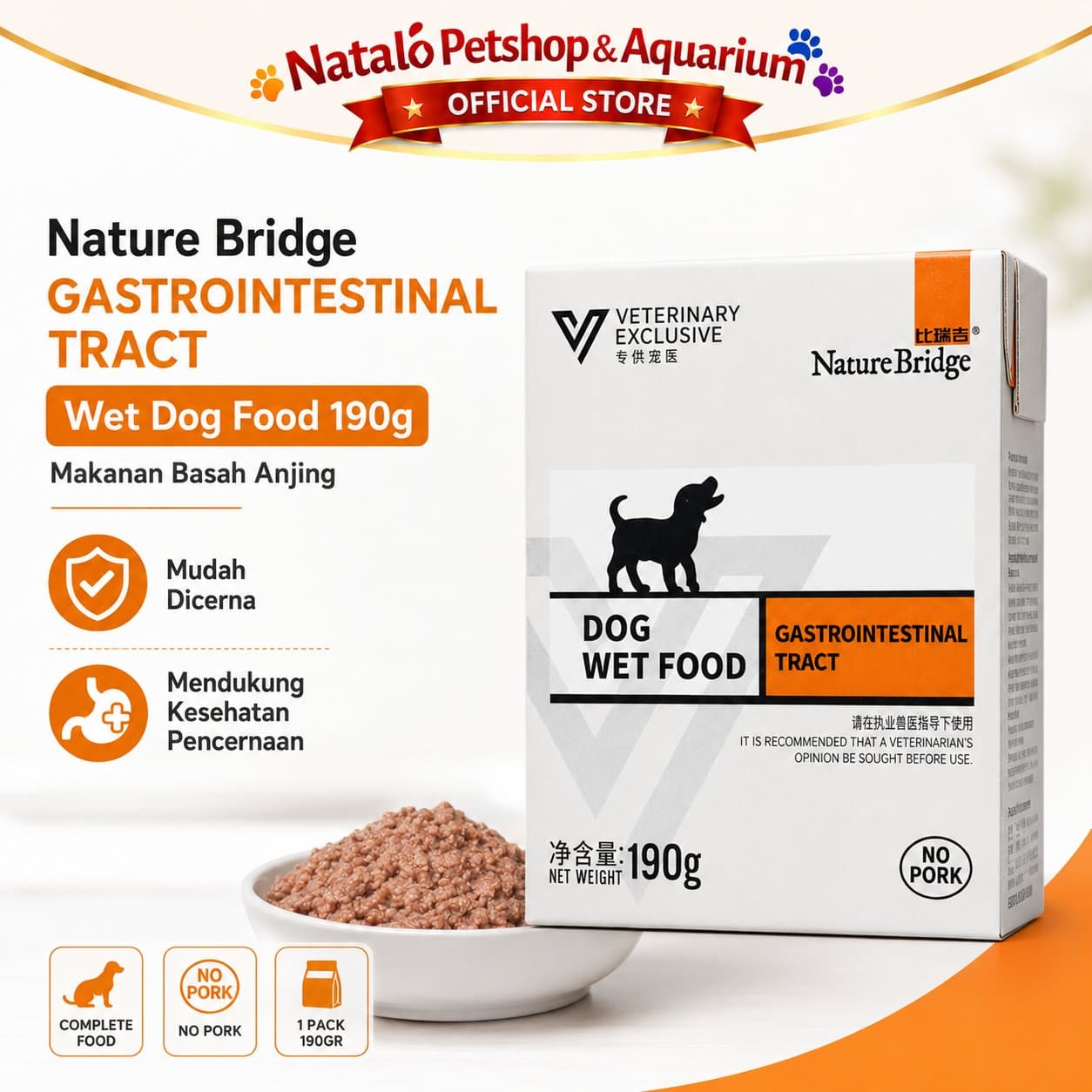 Nature Bridge Gastrointestinal Tract Complete Dog Wet Food 190GR Intestinal - Makanan Basah Anjing untuk Infeksi Saluran Pencernaan  / Diare 190 GR - gambar 1