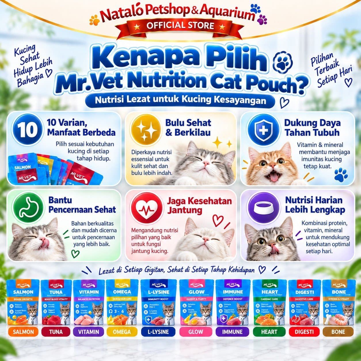 Mr. Vet Nutrition Cat Pouch All Life Stages Functional 1box (12pcs x 70gr) - Makanan Basah Saset Kucing Mr.Vet Semua Tahap Usia Fungsional Kesehatan - gambar 2