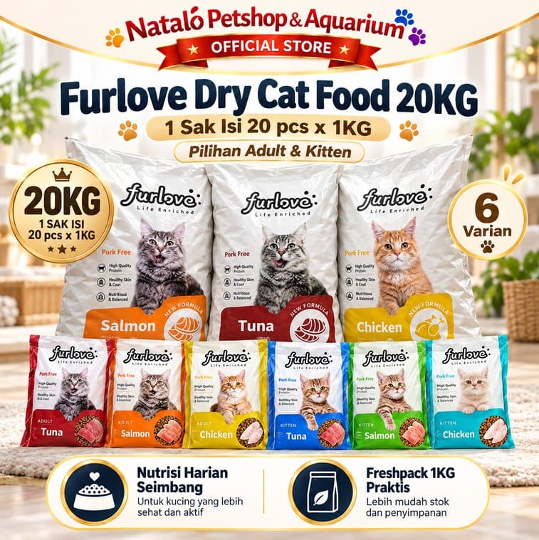 Furlove Dry Cat Food 20KG 1 Sak Isi 20pcs x 1KG Makanan Kucing Kering Adult Kitten Tuna Salmon Chicken Freshpack - gambar 1