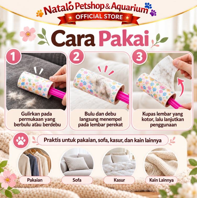 Lint Roller Stick Motif Bunga 60PLY Pembersih Bulu Kucing Anjing Debu Pakaian Sofa Kasur Roll Perekat - gambar 3